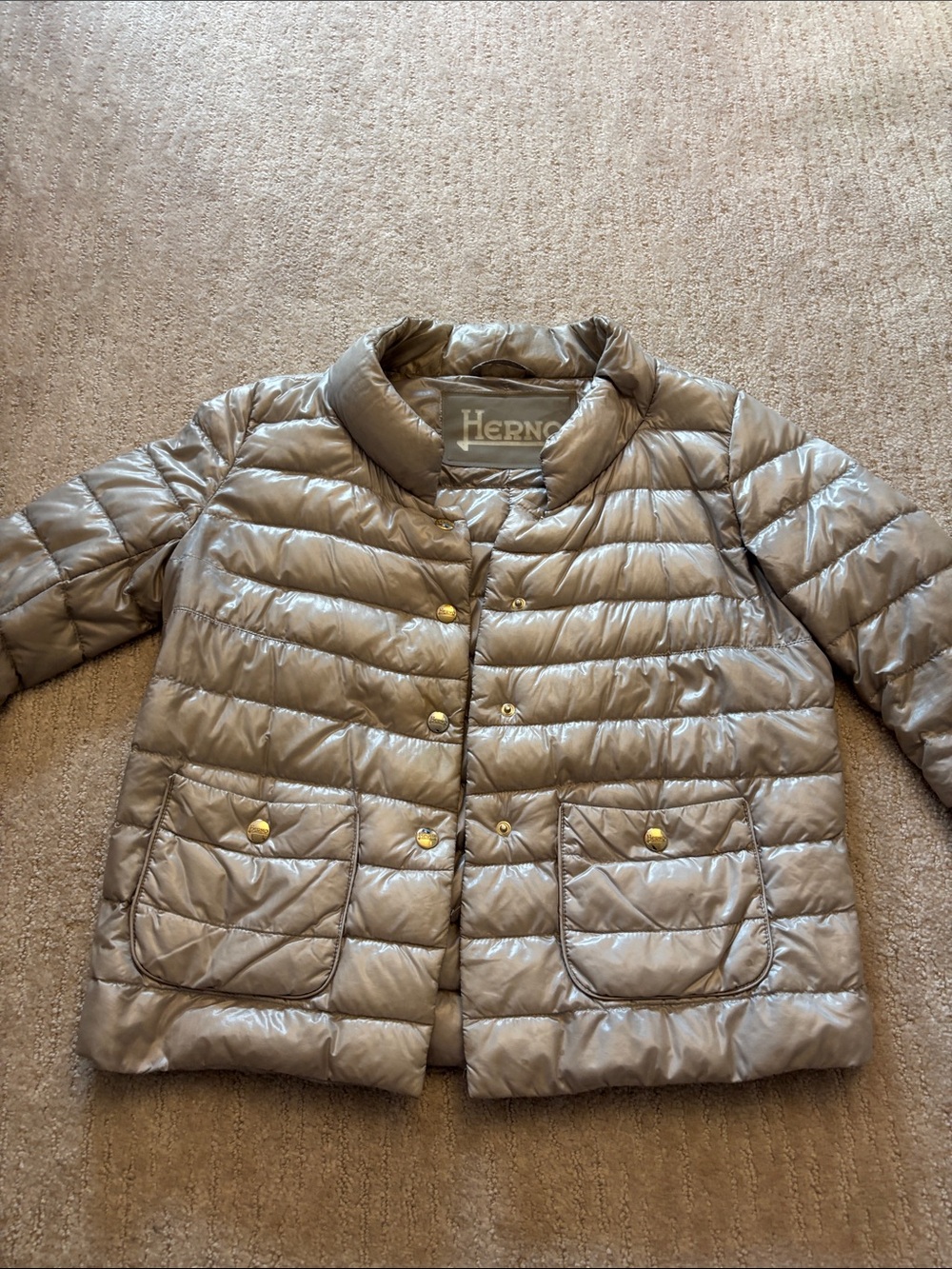 Herno Taupe Short Quilted Puffer Jacket with Gold Buttons